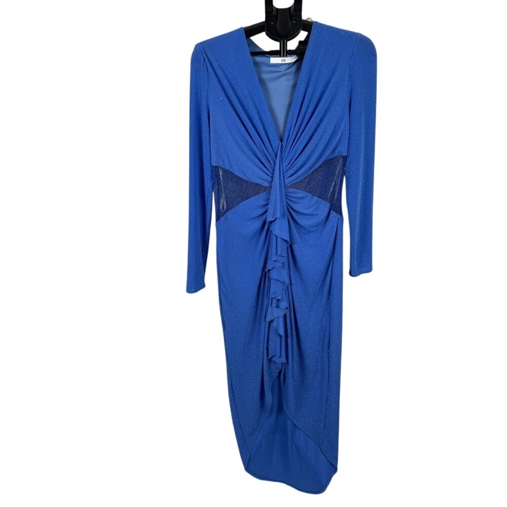 SHO Blue Sparkle Twist Front Cutout Midi Dress XL Long Sleeve Ruched Bodycon